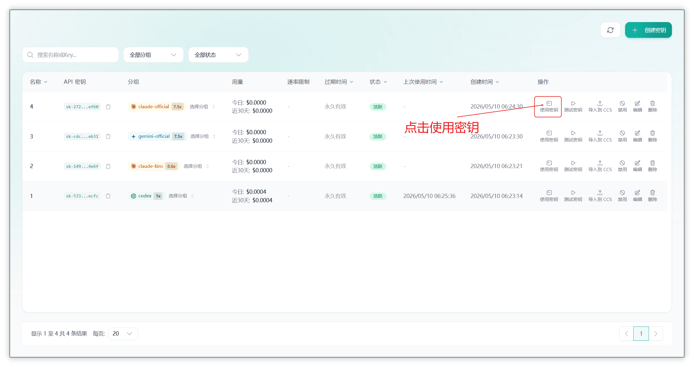 图片展示的是Codex（OpenAi - Chat gpt）API密钥界面。界面上方有搜索框及筛选选项。下方列表显示了4个API密钥信息，包括序号、API密钥、