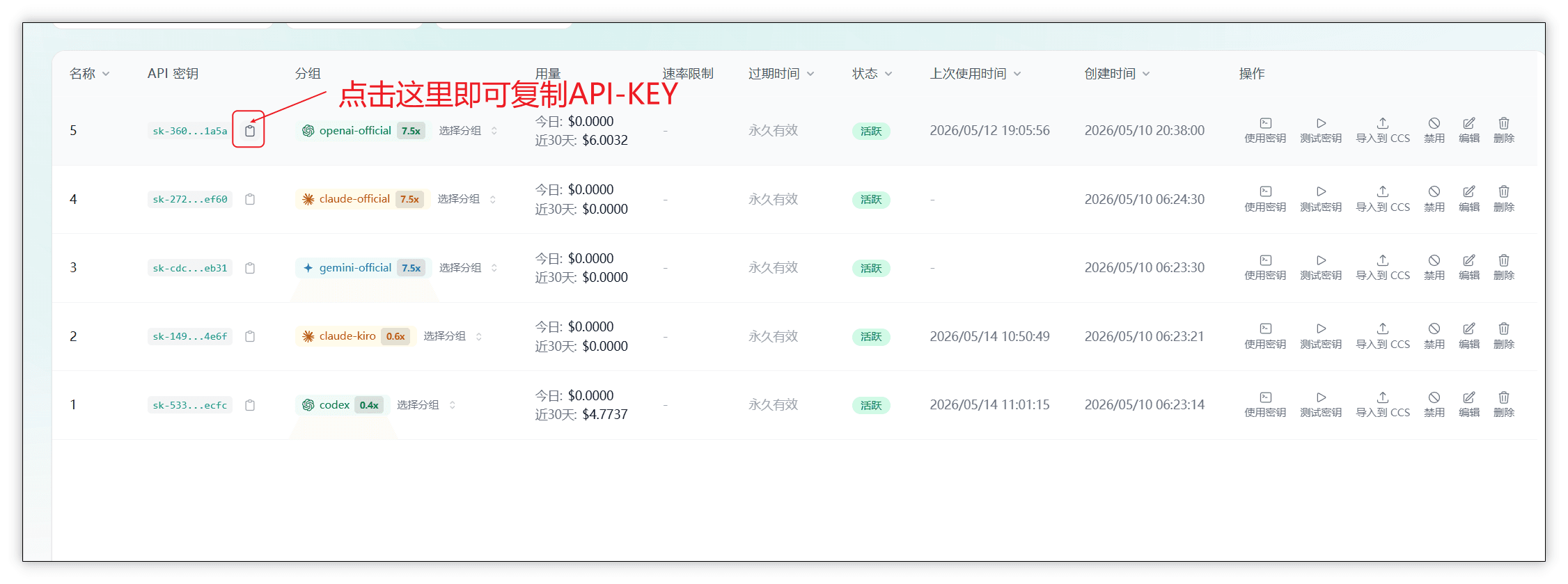 图片展示的是API密钥列表界面，列表包含名称、API密钥、分组、请求限制、过期时间等信息。其中，第一行API密钥旁有红色箭头指向的复制图标，并配文“点击这里即可