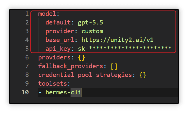 图片展示的是Unity2.ai配置文件中model及其下的内容。其中，default指定为gpt - 5.5，provider为custom，base_url是