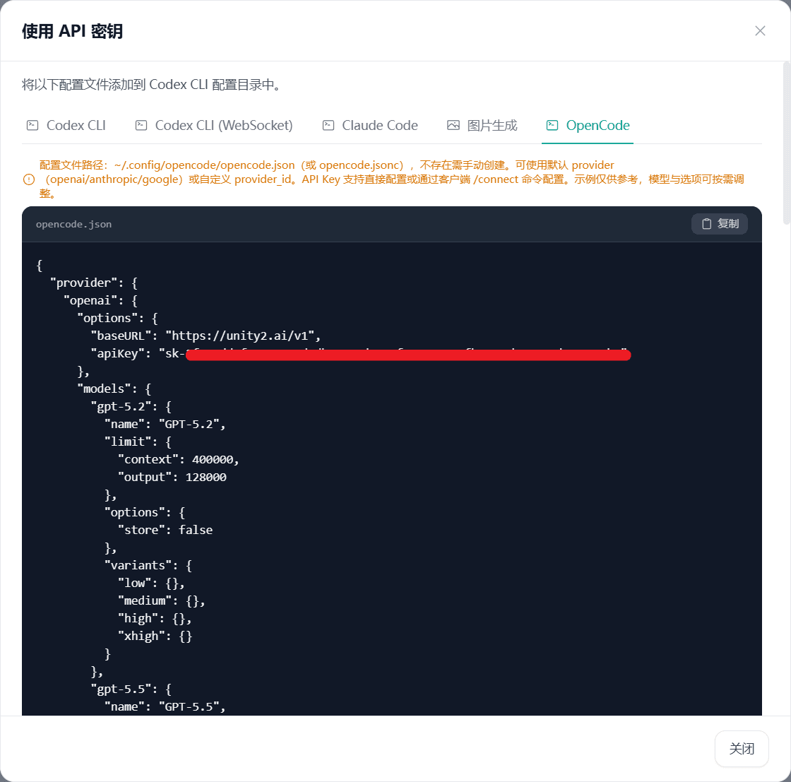 图片展示了使用API密钥的界面，用于添加到config/opcode.json（或opencodec.json）的配置。界面中显示了opencode.json配