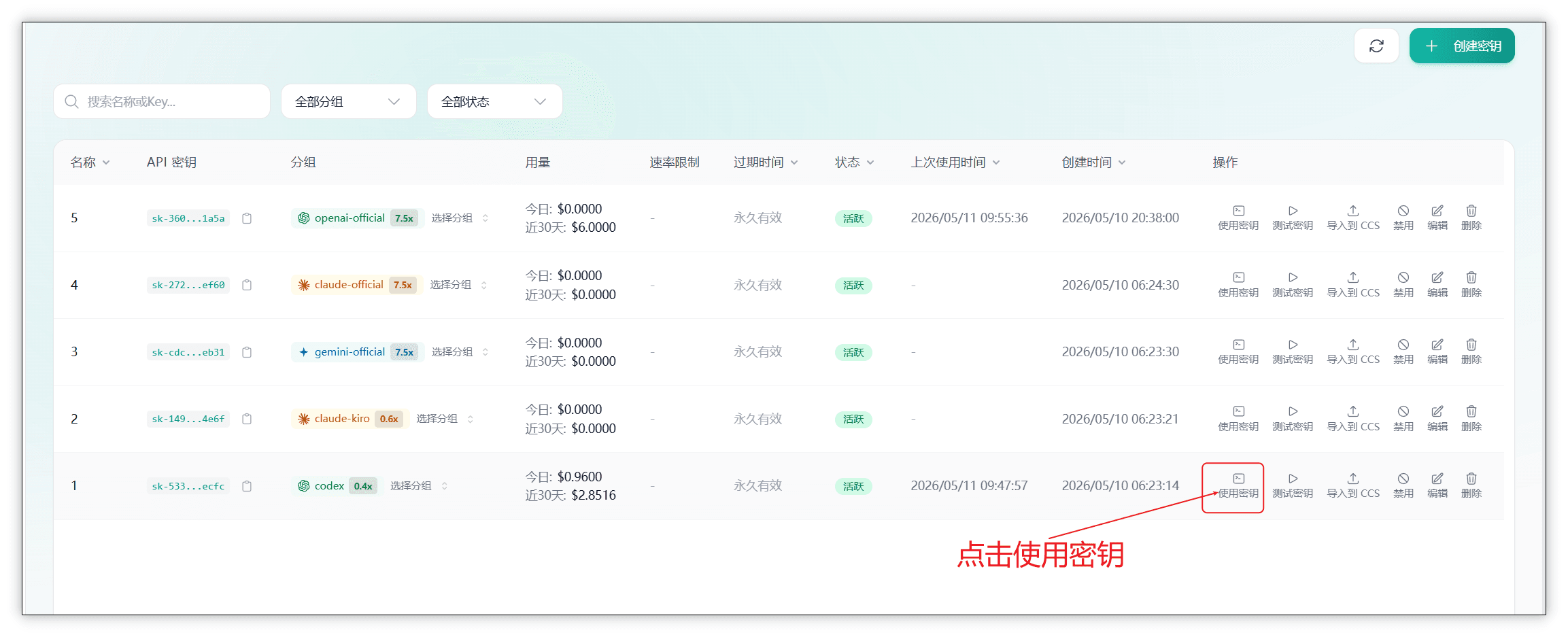 图片展示的是一个密钥管理界面，其中列出了多个名称、API密钥、分组、用量、速率限制、过期时间、状态、上次使用时间、创建时间等信息。在列表最下方一行的操作列中，有