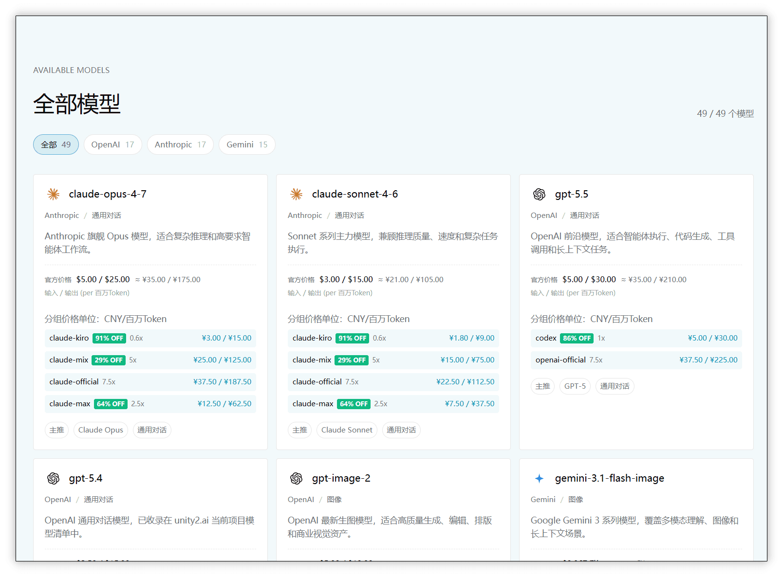 图片展示了Unity2.ai平台的全部模型列表。左侧有Claude系列模型，如Claude Opus 4 - 7、Claude - kira等，价格从$0.99
